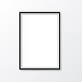 Picture photo frame mockup, wall presentation, black thin rectangular vertical frame with shadow, vertical blank frame border