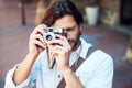 Picture, photographer or man in city on holiday vacation trip for creativity or tourism adventure in Italy. Photography Royalty Free Stock Photo