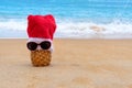 Picture of pineapple wearing sunglass and Santa Claus hat on the tropical beach. New Year and Christmas concept. Happy New Year