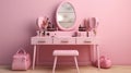 A picture of a pink dressing table featuring a vanity mirror alongside pink shopping bags.