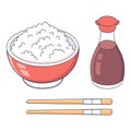 Picture of a plate with rice, chopsticks and a bottle of sauce on a white background. Vector illustration