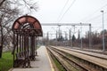 Platform shelter in a half abandoned train station on a suburban electrified line of the commuter railway network of Belgrade