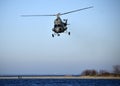 Polish navy helicopter patroling Baltic sea shore