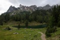 Pond under Erfurter chalet in Rofan Alps with mountain range above, The Brandenberg Alps, Austria, Europe Royalty Free Stock Photo