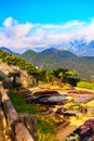 Picture postcard with terrace with flowers in the garden Villas Rufolo in Ravello. Amalfi Coast, Campania, Italy Royalty Free Stock Photo