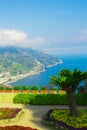 Picture postcard with terrace with flowers in the garden Villas Rufolo in Ravello. Amalfi Coast, Campania, Italy