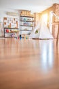 Picture of preschool playroom with colorful furniture, and toys around empty kindergarten Royalty Free Stock Photo