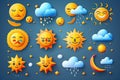 Set of cute cartoon weather icons. Sun, cloud, rain, moon Royalty Free Stock Photo