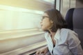 Pretty entrepreneur looking out a train window