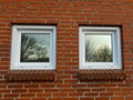 Red brick wall and white windows with wood glare in glass Royalty Free Stock Photo