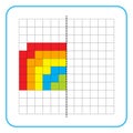 Symmetrical image reflection educational game for kids. Complete the rainbow worksheet.