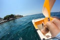 A rented paddle boat floating on the sea