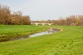 Picture of river Luppe with historic railway viaduct in Leipzig.