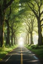 Beautiful A road with a row, through a tunnel forms of old oak trees of dense forest Royalty Free Stock Photo