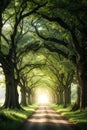 Beautiful A road with a row, through a tunnel forms of old oak trees of dense forest Royalty Free Stock Photo