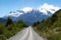 Picture of a road surrounded by beautiful greenery against mesmerizing snow-peaked mountains