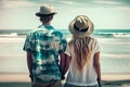 Picture of romantic young couple on the sea shore. Back view. Summer vacation, holidays concept. Generative AI. Royalty Free Stock Photo