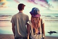 Picture of romantic young couple on the sea shore. Back view. Summer vacation, holidays concept. Generative AI. Royalty Free Stock Photo