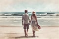 Picture of romantic young couple on the sea shore. Back view. Summer vacation concept illustration. Generative AI. Royalty Free Stock Photo