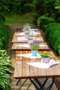 Row of decorated tables on a gardenpath