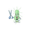 A picture of salmonella Barber cartoon character working with scissor
