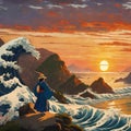 Samurai looking at Sunset with large waves