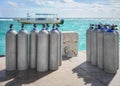 Picture of scuba tanks on a pier, selective focus