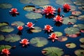 Picture a serene scene where vibrant red lotus water lilies bloom gracefully on the water\'s surface