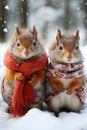 Picture a serene snowy morning where cute squirrels, donning tiny scarves, stand on pristine snow.