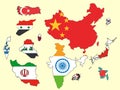 Picture set of Maps and Flags of Countries of Asia Royalty Free Stock Photo