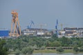 Landscape with the shipyard in Tulcea, Romania.