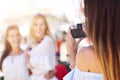 Happy girl friends hanging out in the city in summer Royalty Free Stock Photo