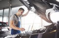 Picture showing muscular car service worker repairing vehicle Royalty Free Stock Photo