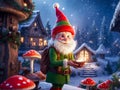 Winter scene in an elf forest, decorated with sparkling lights, magical mushrooms. Santa spreads christmas cheer around his house.