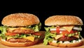 Hamburgers with lots of ingredients (cheese, tomato, cutlet, onion, lettuce, kutchup)