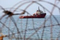 Egyptian naval vessel anchored near the maritime border between Egypt and the Hamas-run Palestinian Gaza Strip