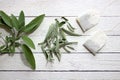 Fresh sage, dried sage and tea bags