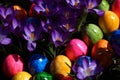 Happy easter greetings with eastereggs and crocuses