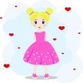 Little cute blonde girl in a pink dress with white polka dots