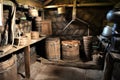 An old cheese dairy with different jars, barrels and a butter rummer