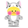 Popular soft toy yellow lalafanfan duck wearing a grey kigurumi cat and round glasses on a white background Royalty Free Stock Photo