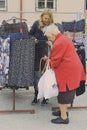 Sales conversation at the clothing stand on the weekly market st. poelten Royalty Free Stock Photo