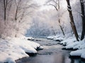 Winter river in the snowy forest. River landscape in winter and tree branches covered with white frost. Royalty Free Stock Photo