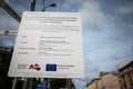 RIGA, LATVIA - AUGUST 19, 2023: Sign promoting a the rail baltica high speed train project funded by the European Union in Latvia