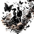 Silhuette of a couple in a wedding ink background
