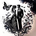 Silhuette of a couple in a wedding ink background