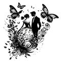 Silhuette of a couple in a wedding ink background