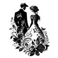 Silhuette of a couple in a wedding ink background