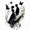 Silhuette of a couple in a wedding ink background