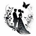 Silhuette of a couple in a wedding ink background